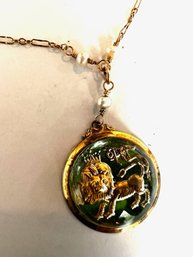 Lion Necklace On Pearl And Gold Filagree Chain, 925 Hard To Read Marking