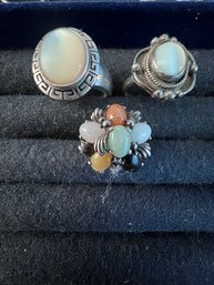 A Group Of 3 Moonstone And Multi Stone Semi Precious Rings Set In 925