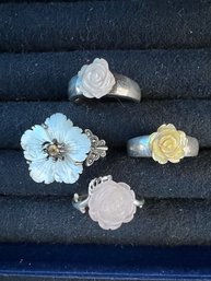A Group Of 4 Floral Carved Rings Set On 925 Bands