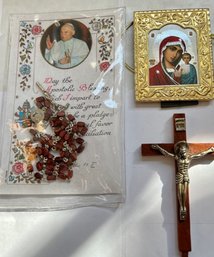 Group Of Religious Items, Rosary, Icon, Cross
