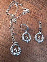 Irish Claddaugh Necklace And Earrings Sterling Silver