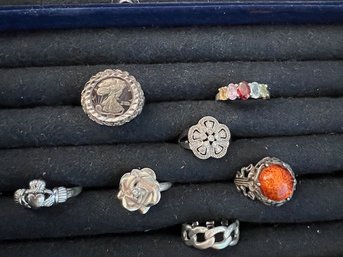 7 STERLING SILVER 925 RINGS SOME WITH STONES SIZED 7-9 ***ONE 999 OURE SILVER COIN RING