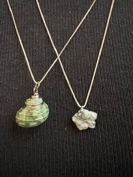 A Group Of 2 Necklaces, Shell And Green Stone Flower On Sterling Silver Chains
