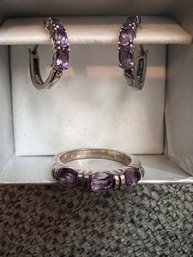 Amethyst Ring And Earrings In 925 Gold Overtone