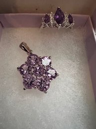 Sterling Silver Flower Pendant Amethyst And Matching Ring