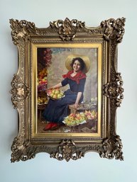 An Exquisite Italian Portrait Of A Young Woman With Fruit, Unsigned, Frame Is Exceptional Oil On Canvas