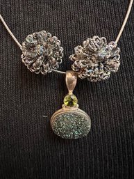 Sterling Silver Oval Green Druzy And Peridot Necklace With Retro Earrings