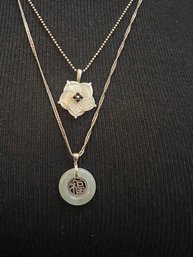 Carved Flower Mother Of Pearl And Jade Necklaces Set In 925