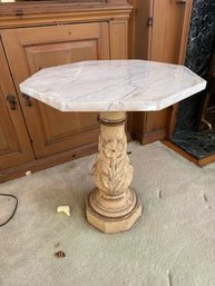 Octagonal Marble Topped Side Table With Carved Floral Base