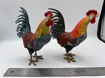 A Pair Of Painted Metal Large Roosters 6 1/2 Tall Each