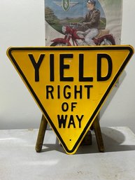 Yield Right Of Way Sign Embossed Metal Yellow And Black