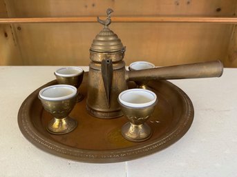 Brass Etched Middle Eastern Coffee Set With 5 Porcelain Cups In Holders