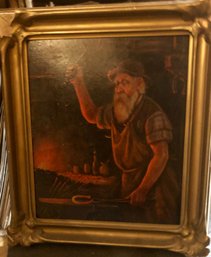 Antique Framed Painting Farrier/blacksmith On Canvas Mounted On Masonite Signed Lower Right
