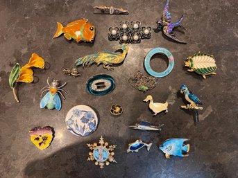 Enamels!   Group Of Pins Including, Bee, Birds, Fish, Florals Etc