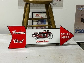 Indian Chief  Power Plus Sold Here Embossed Metal Sign