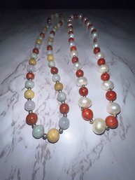2 Multi Stone Necklaces , One 14K Clasp With Coral? And Pearl, Other Multi Semi Precious And Pearl