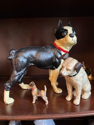 Group Of Three Cast Iron Dogs Various Sizes, Boston Terrier, His Master's Voice And Terrrer