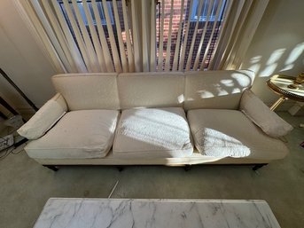 A Full Size  3 Seater ~ White Upholstered Couch With Walnut Frame