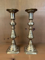 A Pair Of Brass Candle Sticks Made In England Approx 10' Tall