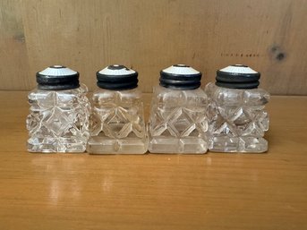 2 Pairs Of Crystal And Guilloche Enamel Salt And Pepper Shakers With Sterling Silver Caps