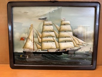 Reverse Painting On Glass 3 Masted Ship 11 X 14