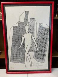 A Retro Signed Litho Women Walking Through Fingerprint City Signed Andre Ach 1995