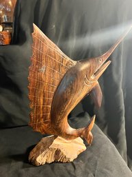 Solid Wood Carved Sword Fish Approx 10' H