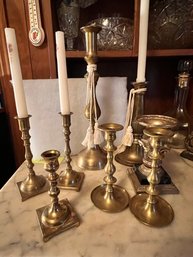 Exceptional Group Of 8 Brass Candlesticks, Hong Kong, England, Usa, Etc