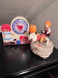 Mid Century Raggedy Ann And Andy Talking Alarm Clock And Musical Wind Up