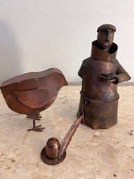 Copper Sculptures Man/Monk?  Bird And Hat