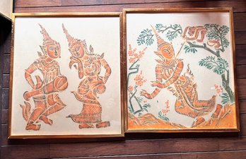 A Pair Of Thai Temple Rubbings Framed Approx 22 X 22'