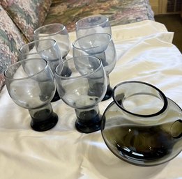 Grey Green Glass Pitcher And 6 Glasses