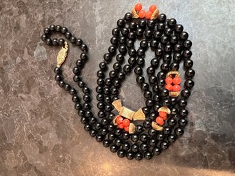 Black, Coral And 14K Gold Beaded Necklace