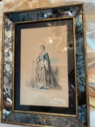 Antique Hand Colored Engraving In A Mid Century Mirrored FRAME!