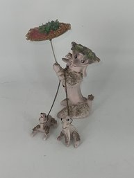 1940's Porcelain  Poodle With Umbrella Walking Pink Poodle Pups! MADE IN JAPAN