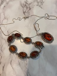 A Suite Of Amber And Silver Necklace And Bracelet 925