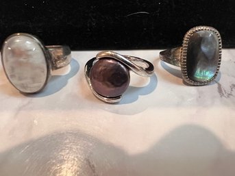 A Group Of Three Spectacular Stone Rings All Sterling 925 Black Pearl, Moonstone?, Quartz?