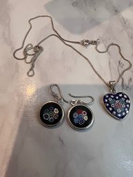 Millefiore Earrings And Pendent On Sterling Silver