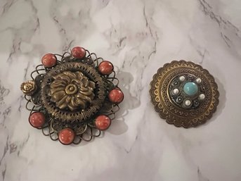Pair Of Bohemian Pins Brass And Stones