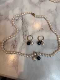 Black And White Pearl Ensemble, Earrings, Necklace By Avon