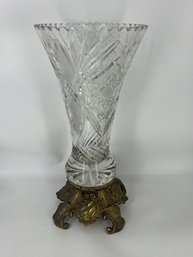 Elegant Cut Crystal Vase On Brass Base