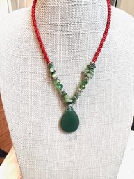 Multi Stone Jade, Crystal And Glass Beaded On Red Beaded Rope Chain
