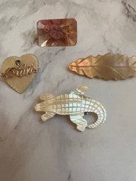 Mother Of Pearl, Alligator, Mother Pin, Leaf And Flower