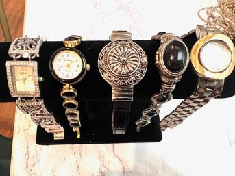 A Group Of 5 Sterling And Costume Jewelry Watches Eccllissi, Relic, Persona, Quartz Made In Japan