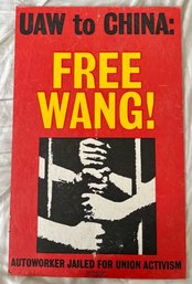 UAW To China Free Wang  Approx 14 X 17 Vintage Poster