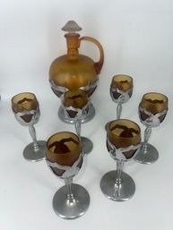 Farber Brothers 8 Piece Krome Kraft Amber Decanter And Cordial Set