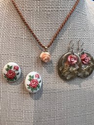 A Group Of Rose Jewelry, Necklace, Earrings,