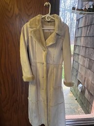 Faux Off White Shearling Midi Length Coat Size Small