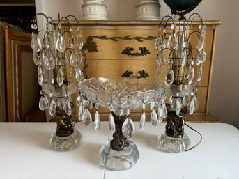 Hollywood Regency 3 Piece Set With Crystal Bowl And Cherub Base