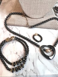 Hematite Set Of Necklace, Ring And Bracelet